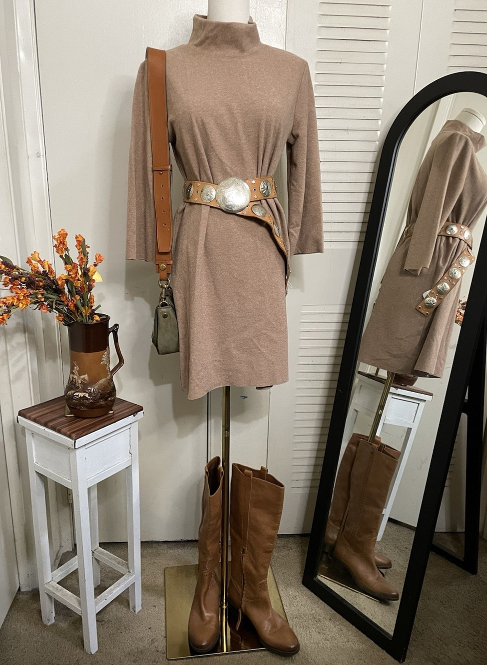 Zara Mock Turtleneck Shift Dress Tan 3/4 sleeves Size S